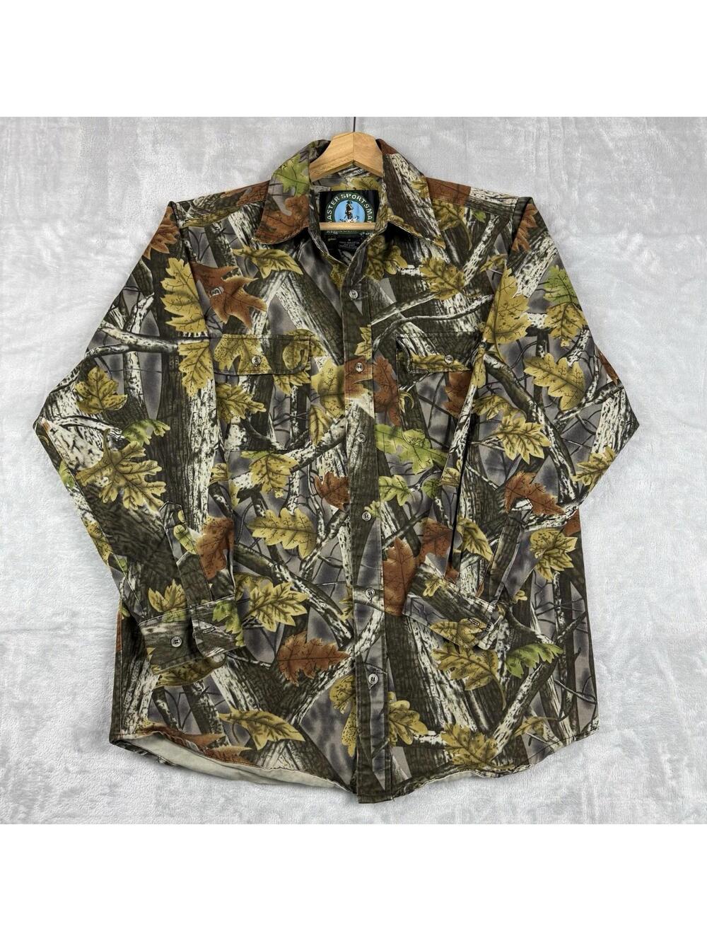 Master Sportsman Camo Long Sleeve Button Up Shirt Men M Rugged Heavy Cotton Y2K